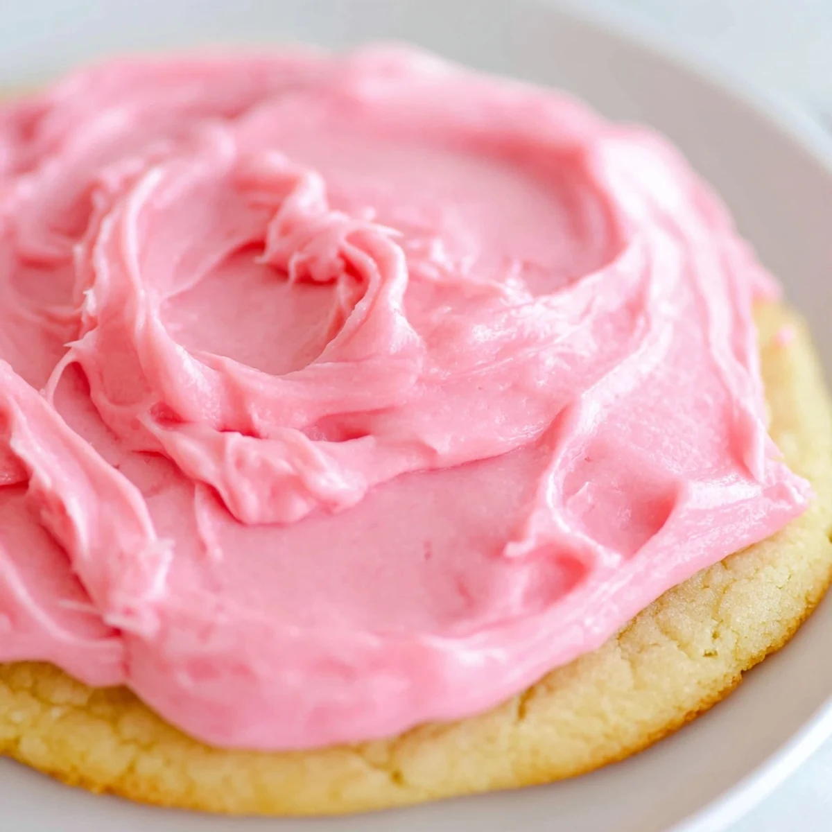 See the soft interior of a Crumbl Pink Sugar Cookie peeking out beneath its vibrant, almond-flavored pink frosting.