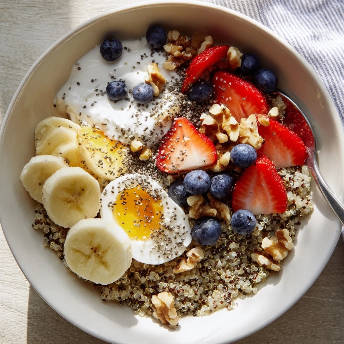 In a bright kitchen setting, Dietitians Balanced Breakfast Bowl features Greek yogurt, banana slices, walnuts, and chia seeds with honey.