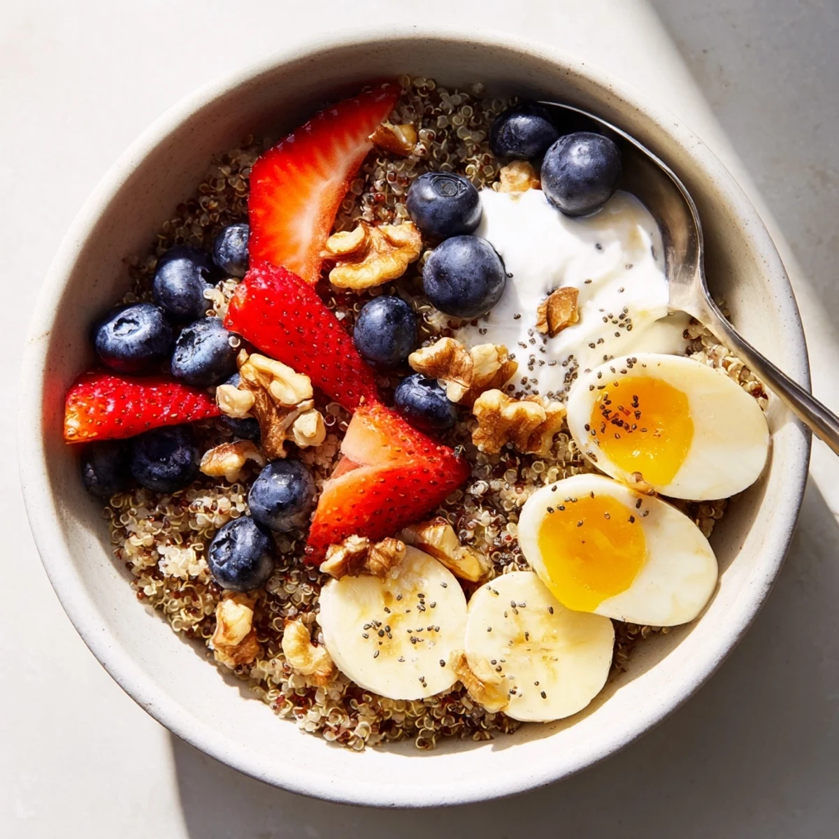 A colorful photo shows Dietitians Balanced Breakfast Bowl with quinoa, berries, and a soft-boiled egg on a white marble table.
