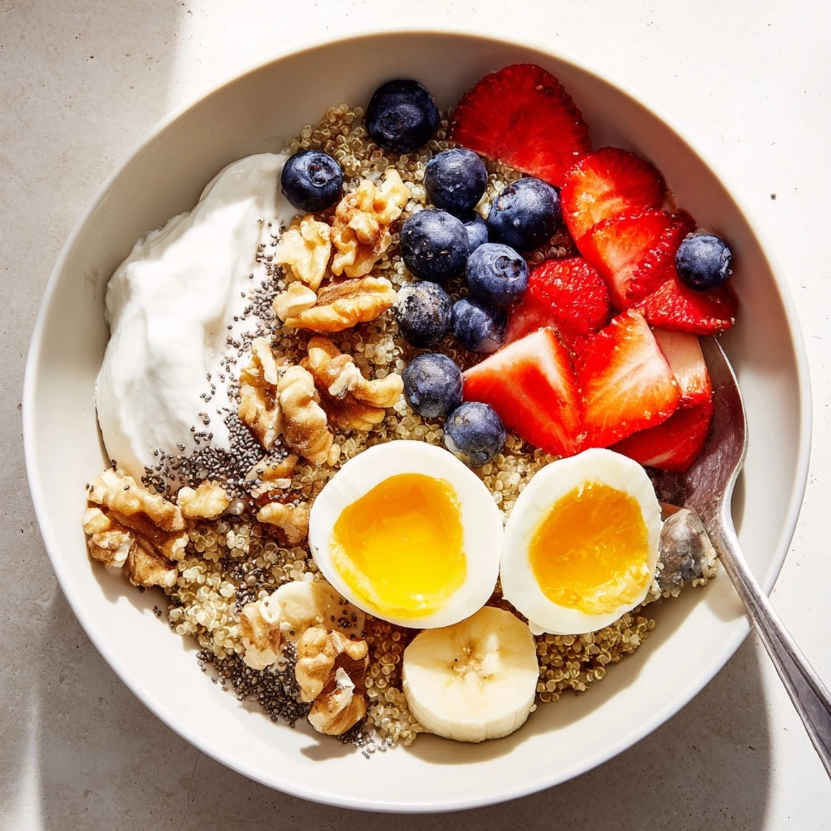 Close-up of Dietitians Balanced Breakfast Bowl with fresh berries, sliced banana, quinoa, yogurt, eggs, and nuts ready to enjoy.