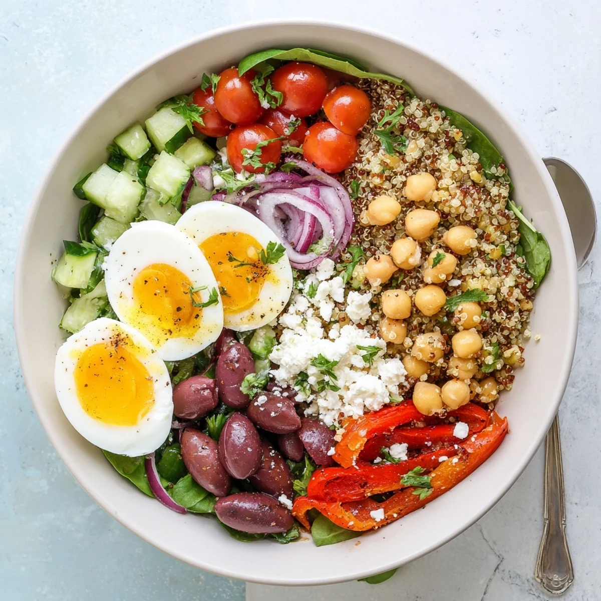 Bright, fresh Mediterranean breakfast bowl featuring jammy eggs, creamy Greek yogurt, and quinoa topped with cherry tomatoes and cucumber.