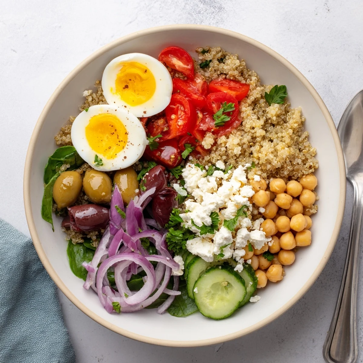Vibrant High Protein Mediterranean Breakfast Bowls served in a white ceramic bowl with olives, feta, and colorful roasted peppers.