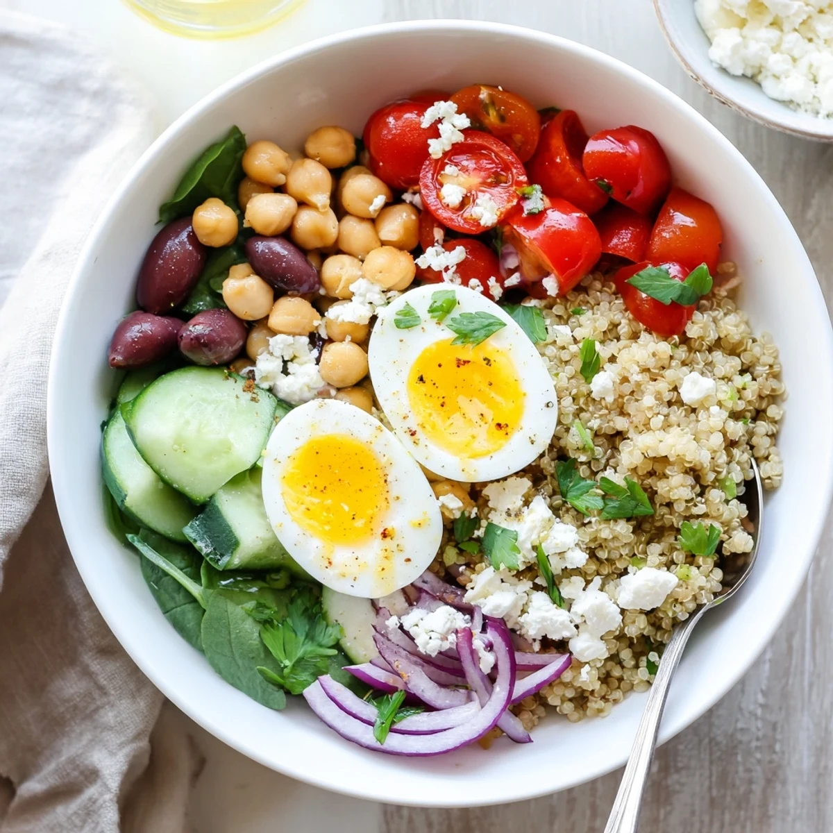 An easy, high protein Mediterranean breakfast bowl with fluffy quinoa, spinach, chickpeas, and sliced boiled eggs, ready to enjoy.