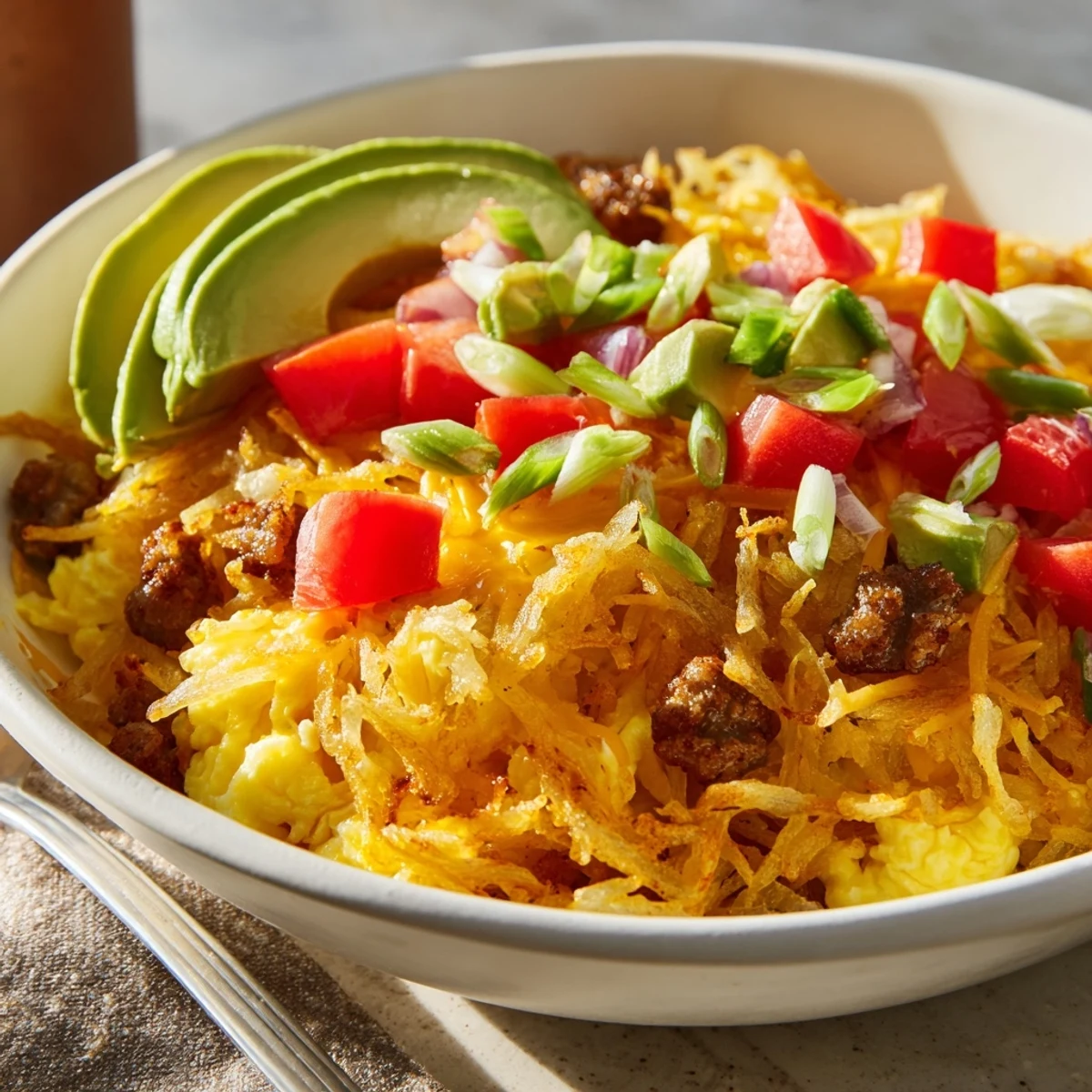 A close-up view of hearty hash brown breakfast bowls featuring golden brown potatoes, creamy eggs, crumbled sausage, and vibrant green onions.