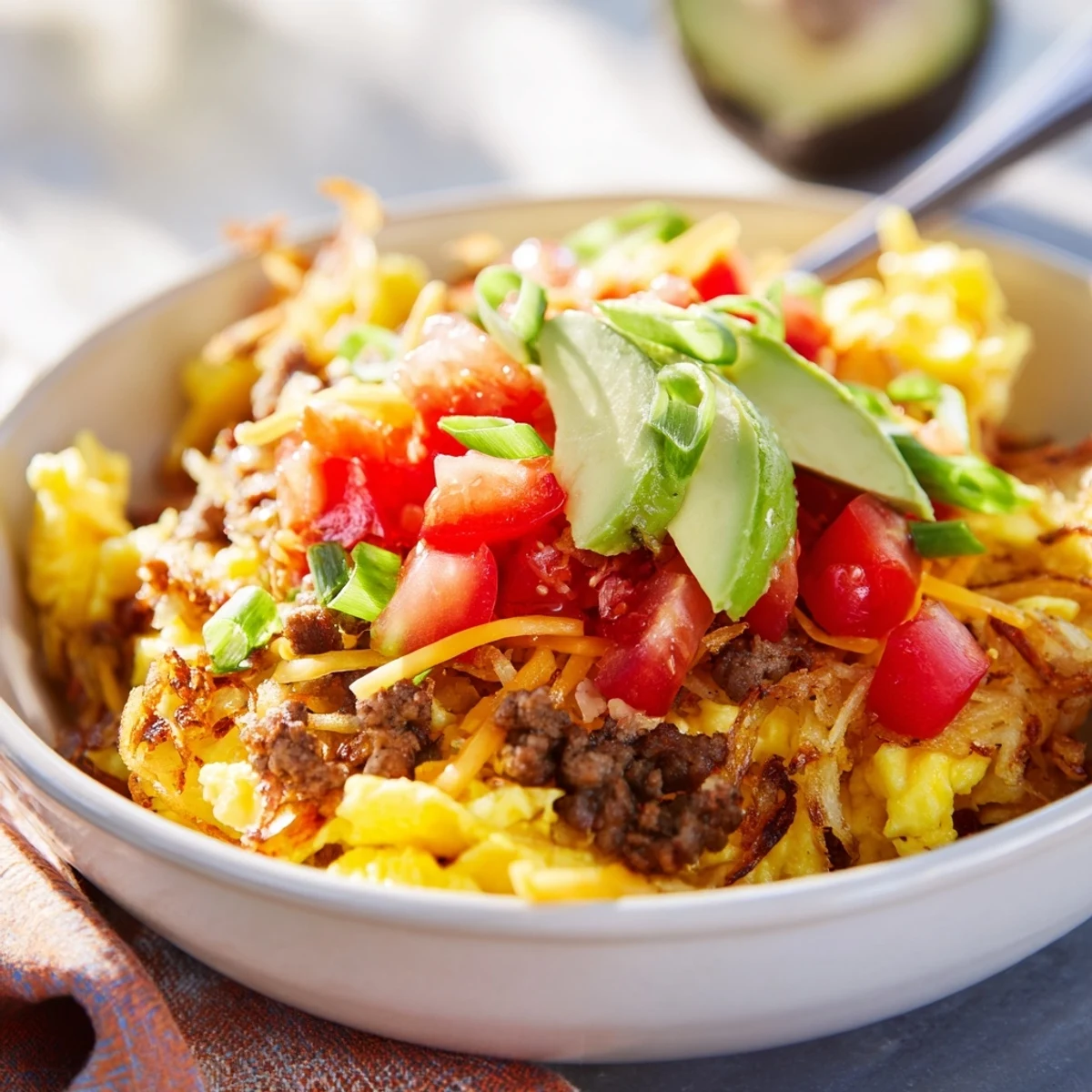 A delicious American-style hash brown breakfast bowl served hot with shredded cheese, ripe avocado slices, and a dash of hot sauce.