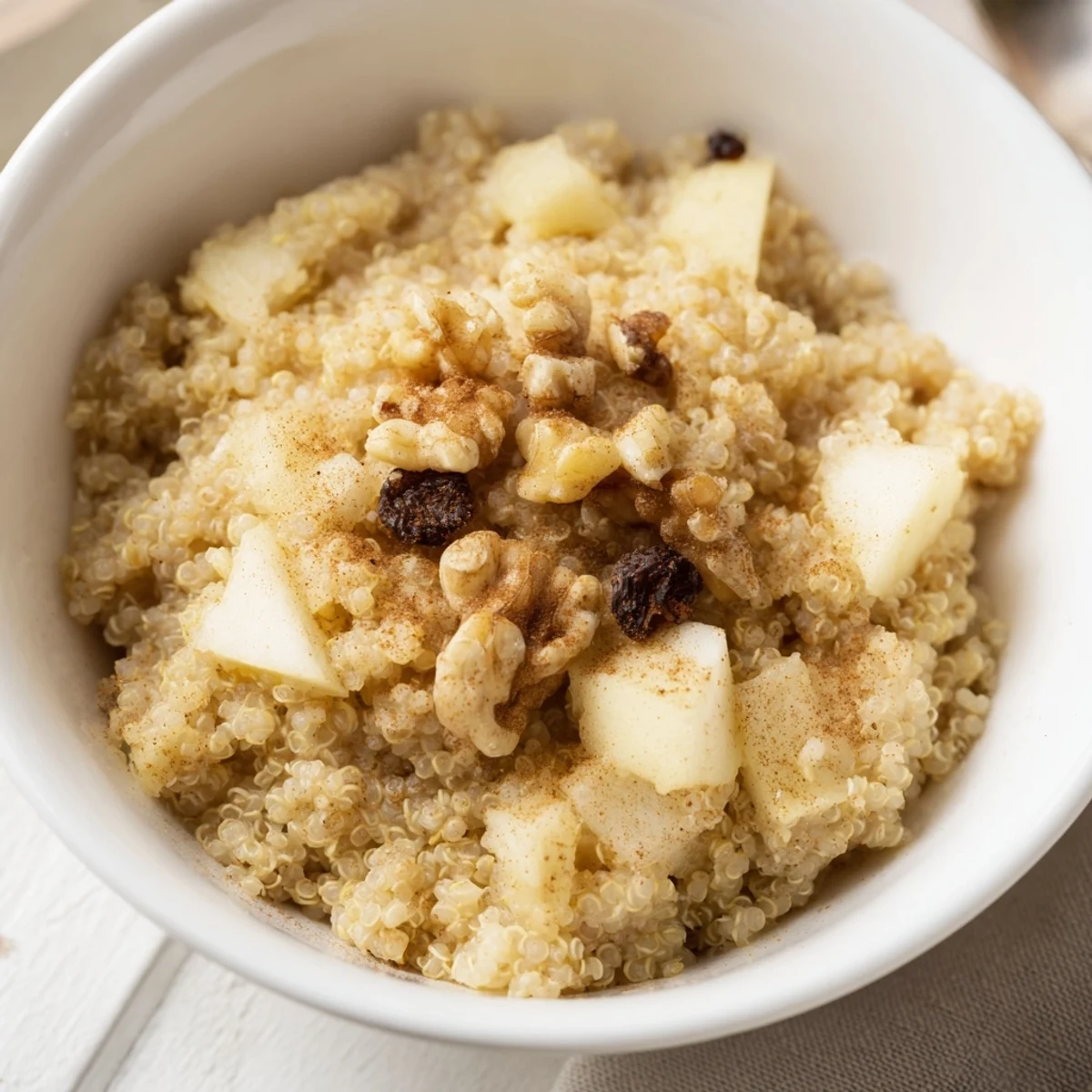 A warm bowl of Healthy Quinoa Apple Breakfast with fluffy quinoa, tender cinnamon apples, and crunchy walnuts, drizzled with honey.