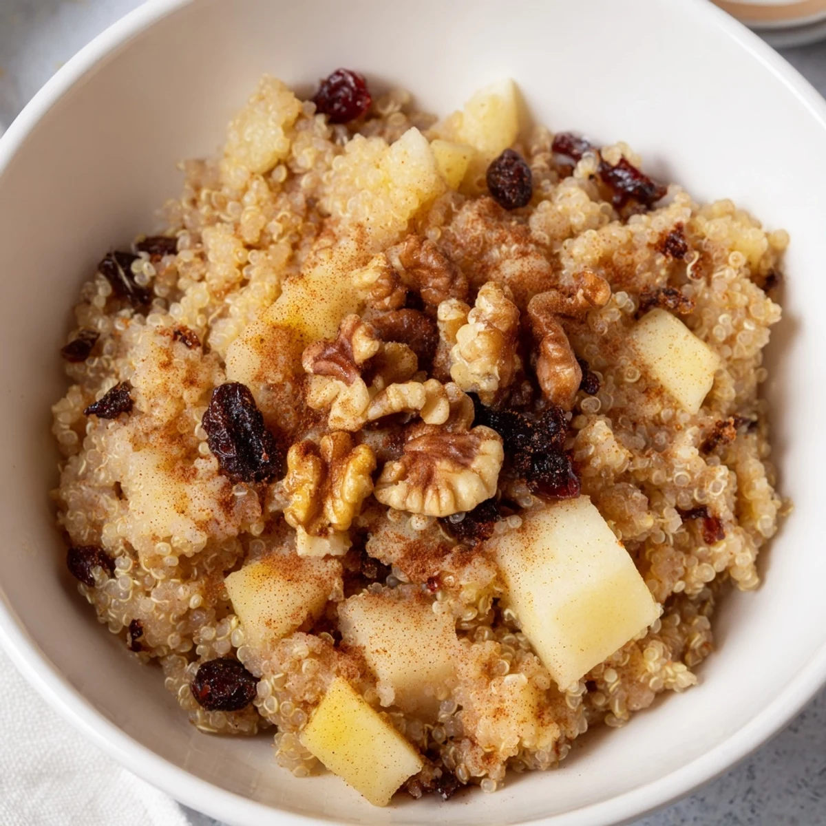 Steaming bowl of Healthy Quinoa Apple Breakfast topped with extra apple slices and pecans, perfect for a cozy, wholesome morning meal.