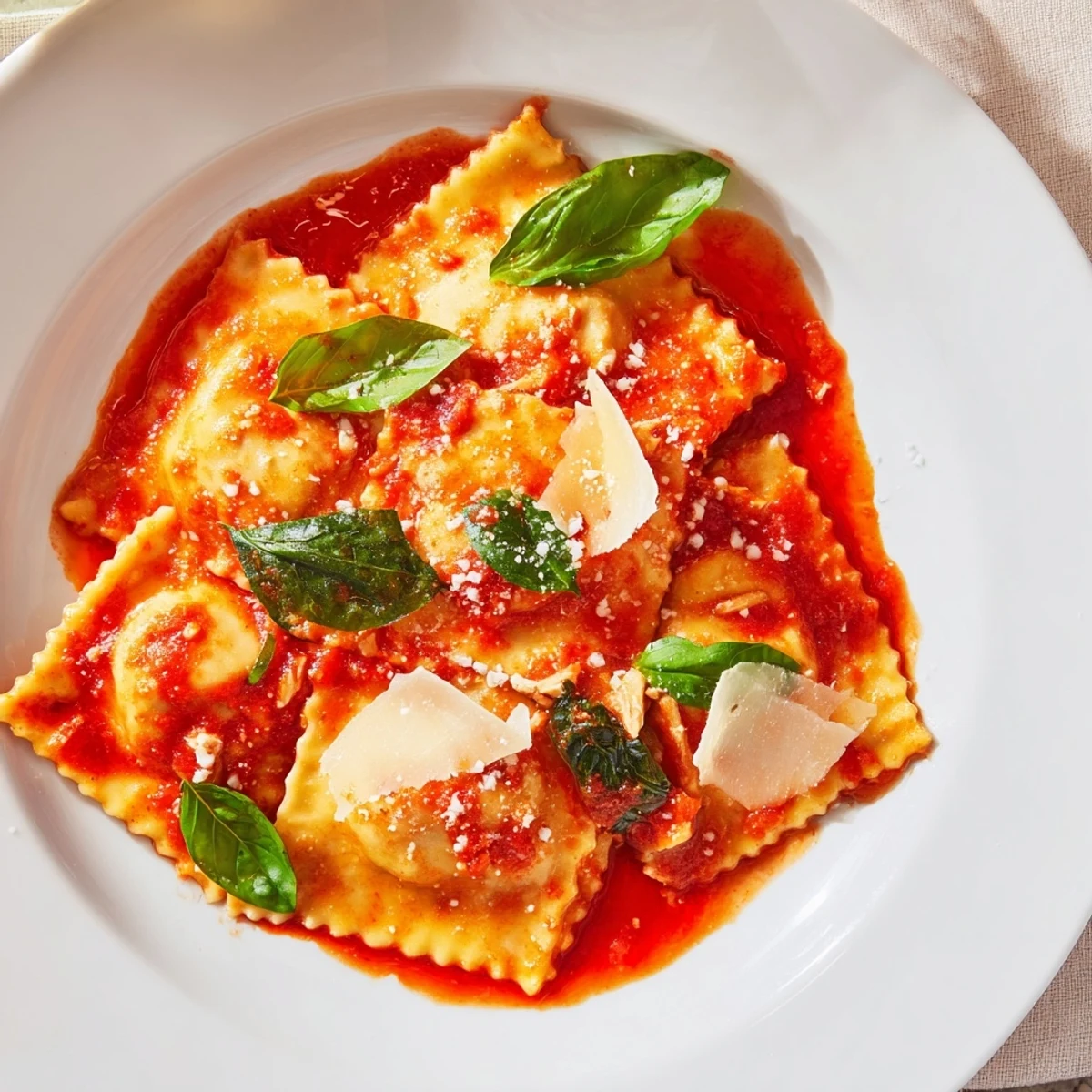 Golden brown, delicate Chicken and Mushroom Ravioli swimming in a rich, bright red tomato sauce topped with fresh basil.