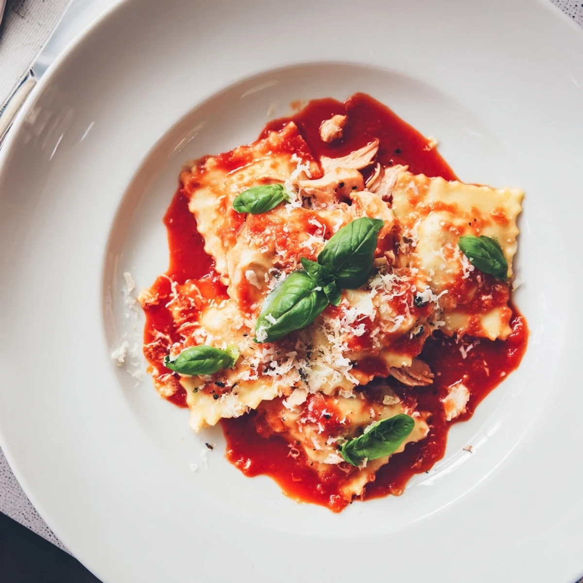 Freshly made Chicken and Mushroom Ravioli served steaming hot in a simple homemade tomato sauce for dinner.