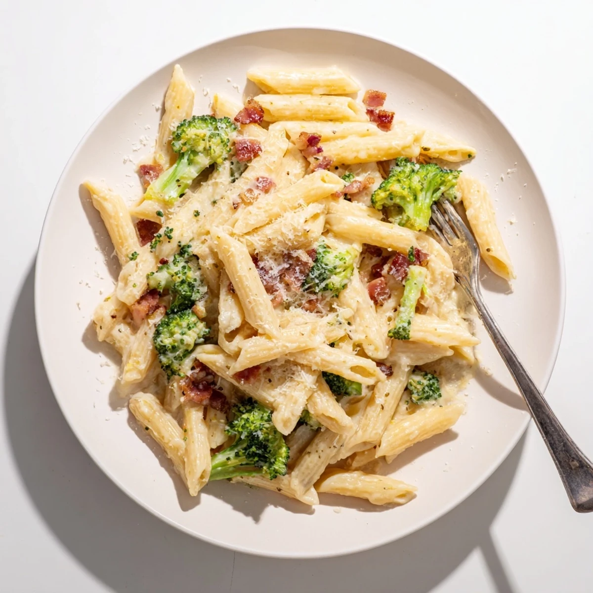 A close-up of Bacon Broccoli and Parmesan Pasta in a white bowl, with crispy bacon bits, green broccoli florets, and creamy sauce.