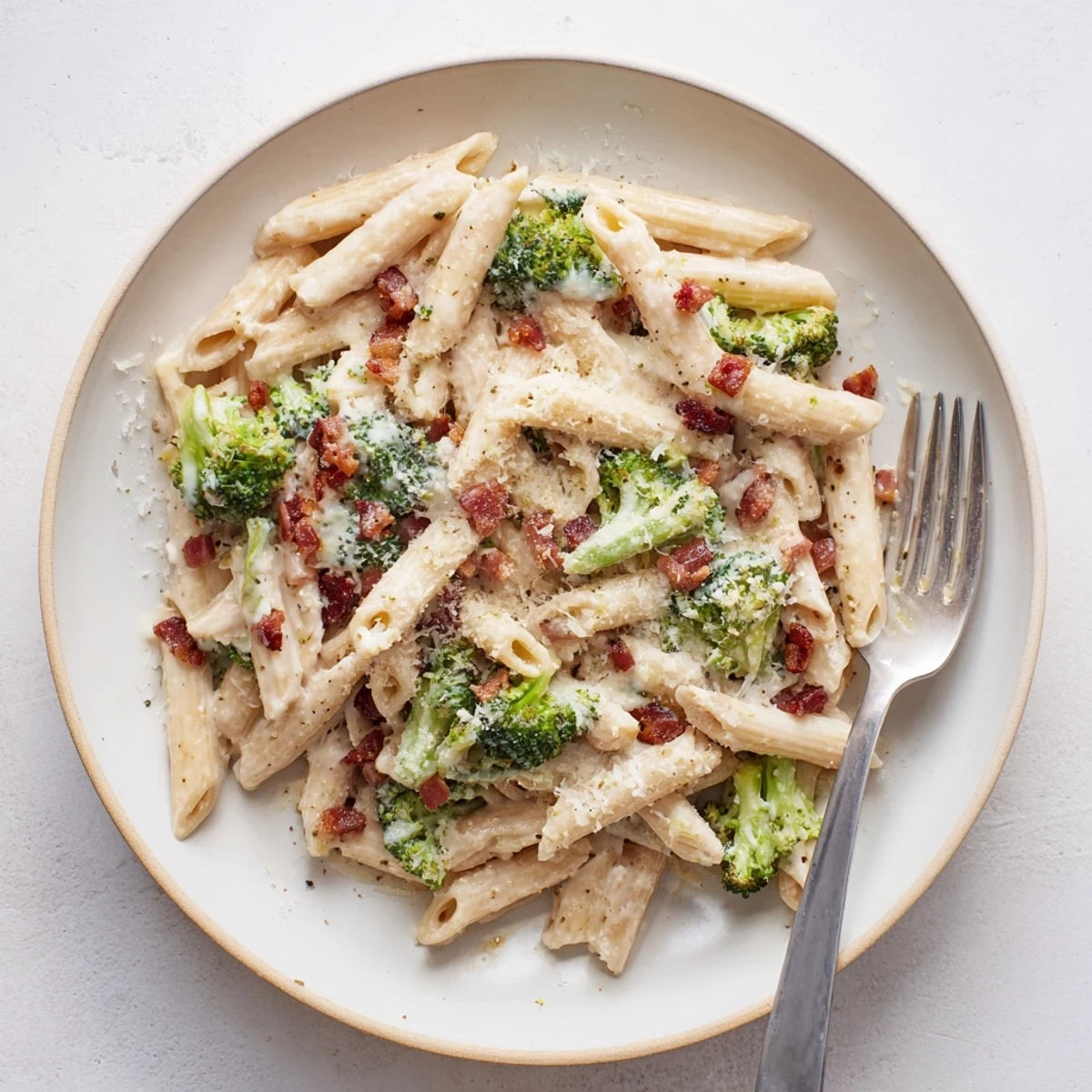 A rustic wooden table displays a skillet of Bacon Broccoli and Parmesan Pasta, highlighting tender broccoli and golden pasta twirls.