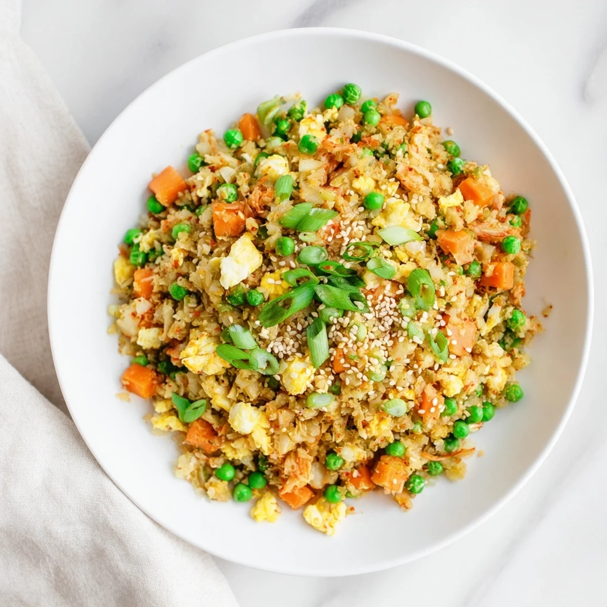 A close-up of Cauliflower Fried Rice with Kimchi and Eggs, fluffy cauliflower grains tossed with bright red kimchi ribbons and scrambled egg pieces.