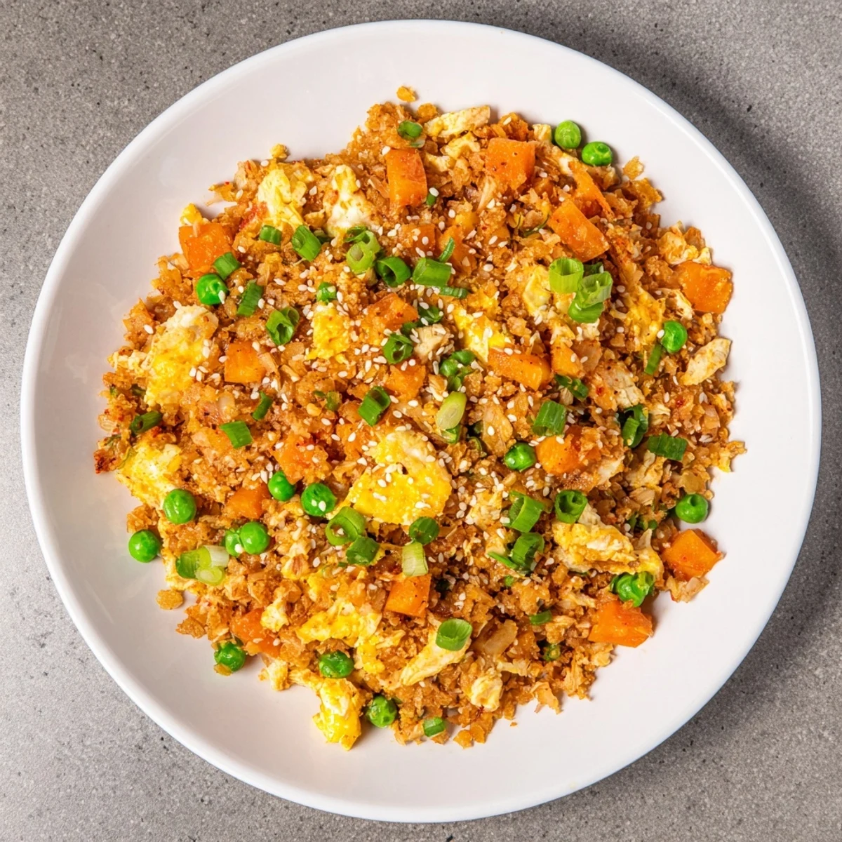 A steaming pan of Cauliflower Fried Rice with Kimchi and Eggs, ready to serve, with vibrant carrots and peas peeking through the savory mixture.