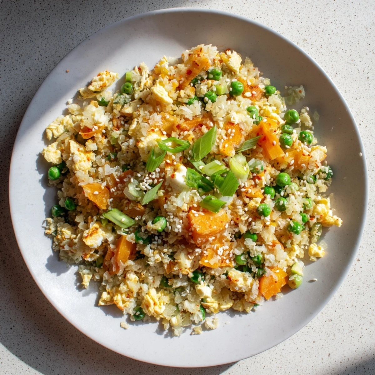 Close-up shot of a bowl of Cauliflower Fried Rice with Kimchi and Eggs, featuring crispy edges on the cauliflower and garnished with green onions and sesame seeds.