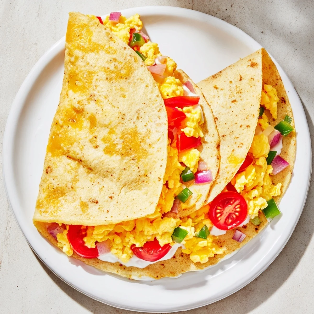 This Tex Mex Egg Tortilla Pockets recipe shows colorful peppers and onions wrapped in a warm flour tortilla.