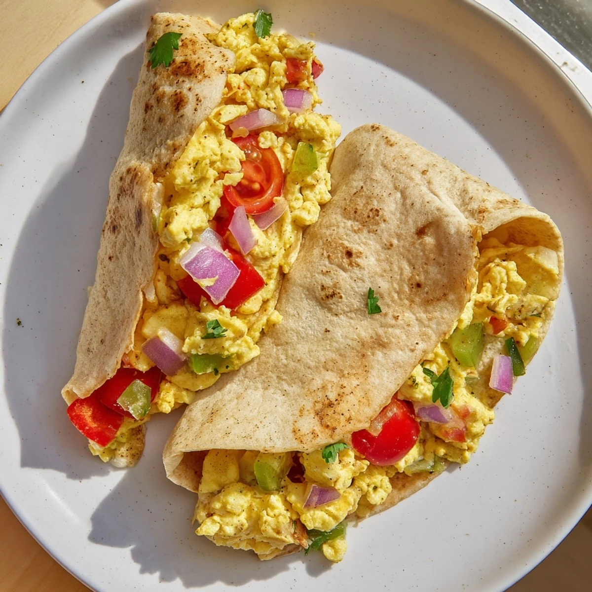 Golden scrambled eggs and fresh cilantro fill these Tex Mex Egg Tortilla Pockets, served with salsa on the side.