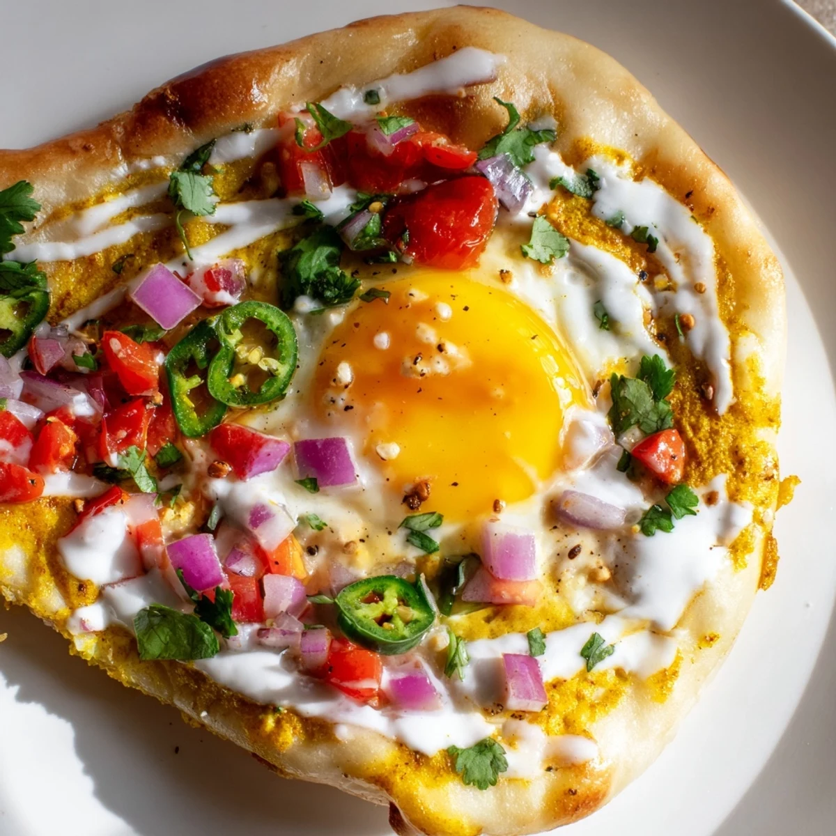 A vibrant Curried Fried Egg Open Naan breakfast drizzled with tangy yogurt sauce and served with diced tomatoes.