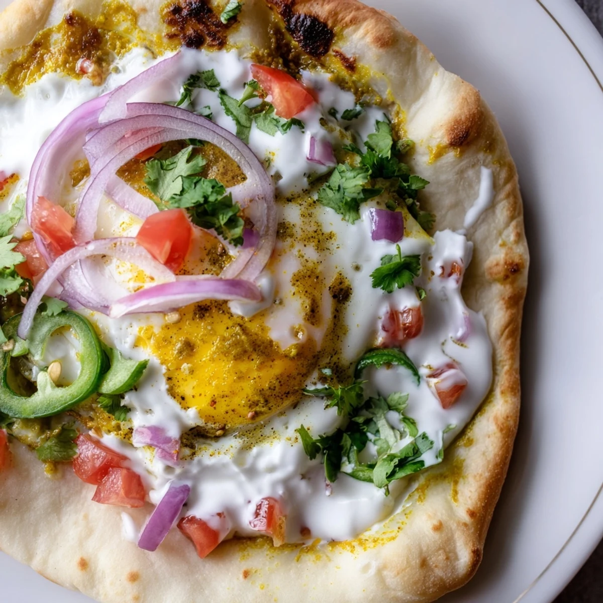 Golden curried fried eggs with runny yolks sit atop warm, buttered naan, garnished with cilantro and red onion.