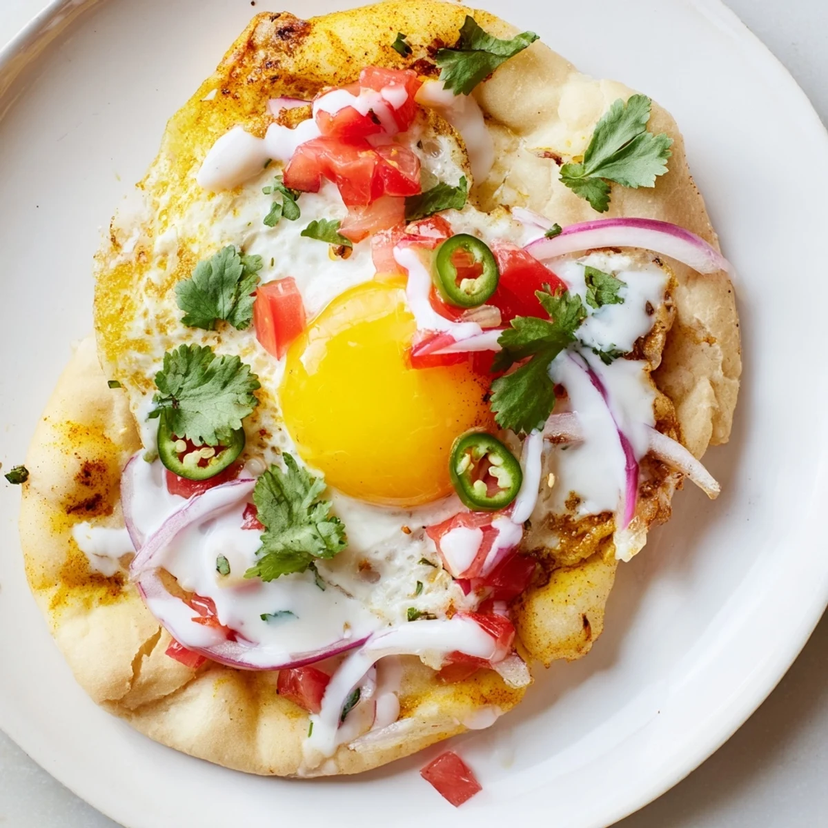 Easy Curried Fried Egg Open Naan plate for brunch, featuring spiced eggs and optional green chili slices.