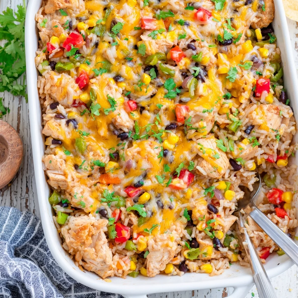 Tender chicken, fluffy rice, and melted cheese in a baked Mexican Chicken and Rice Bake casserole, garnished with fresh cilantro and lime.