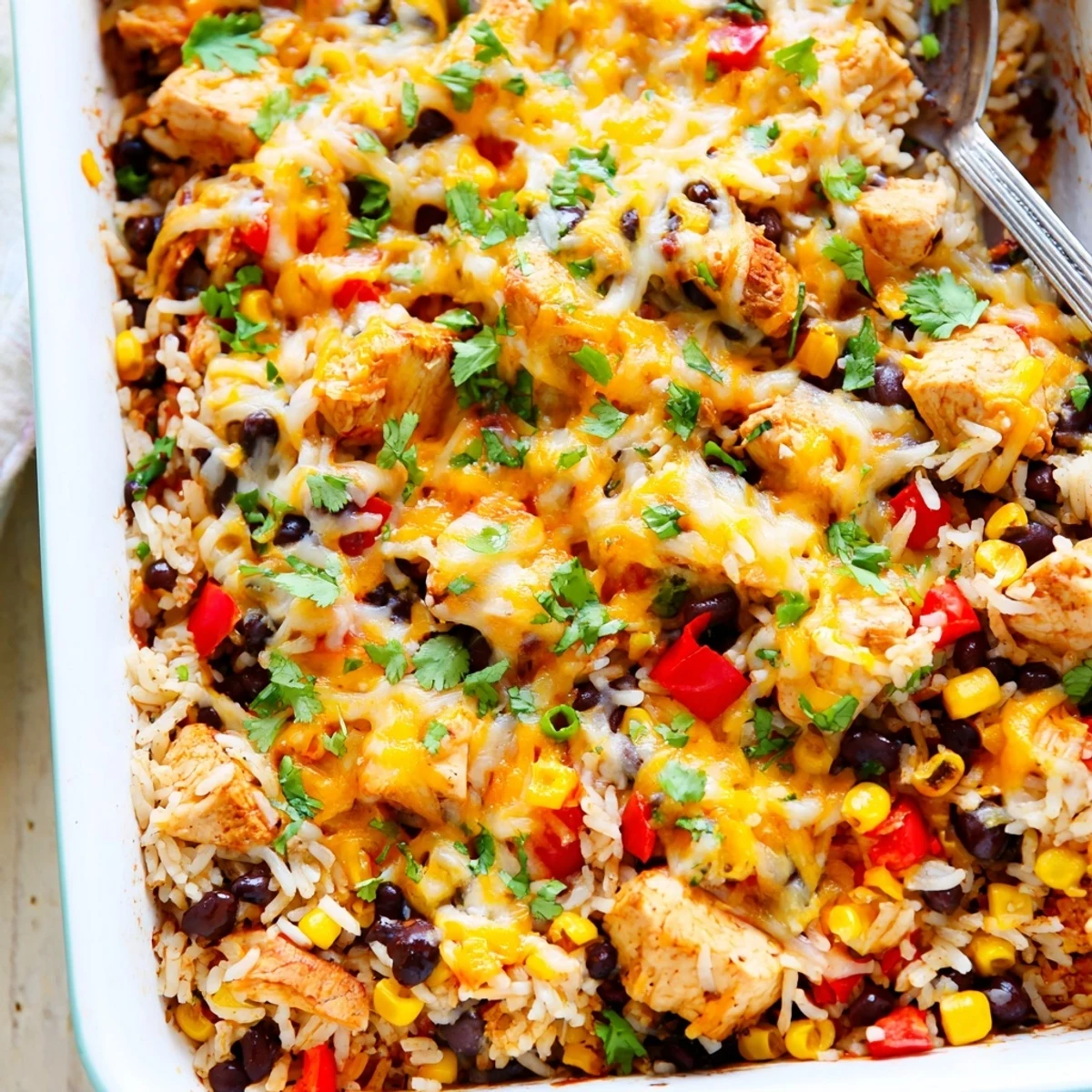 A vibrant slice of Mexican Chicken and Rice Bake on a plate, revealing beans and corn inside, perfect for a gluten-free meal.