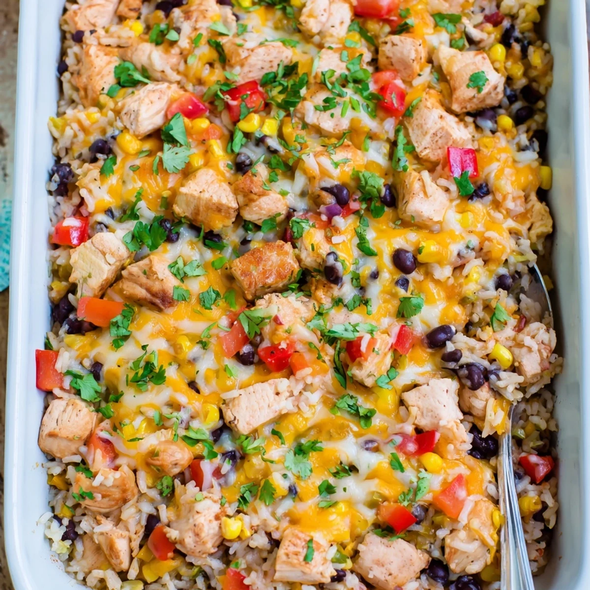 A close-up of bubbling Mexican Chicken and Rice Bake served with sour cream and jalapeños on a rustic dinner table.