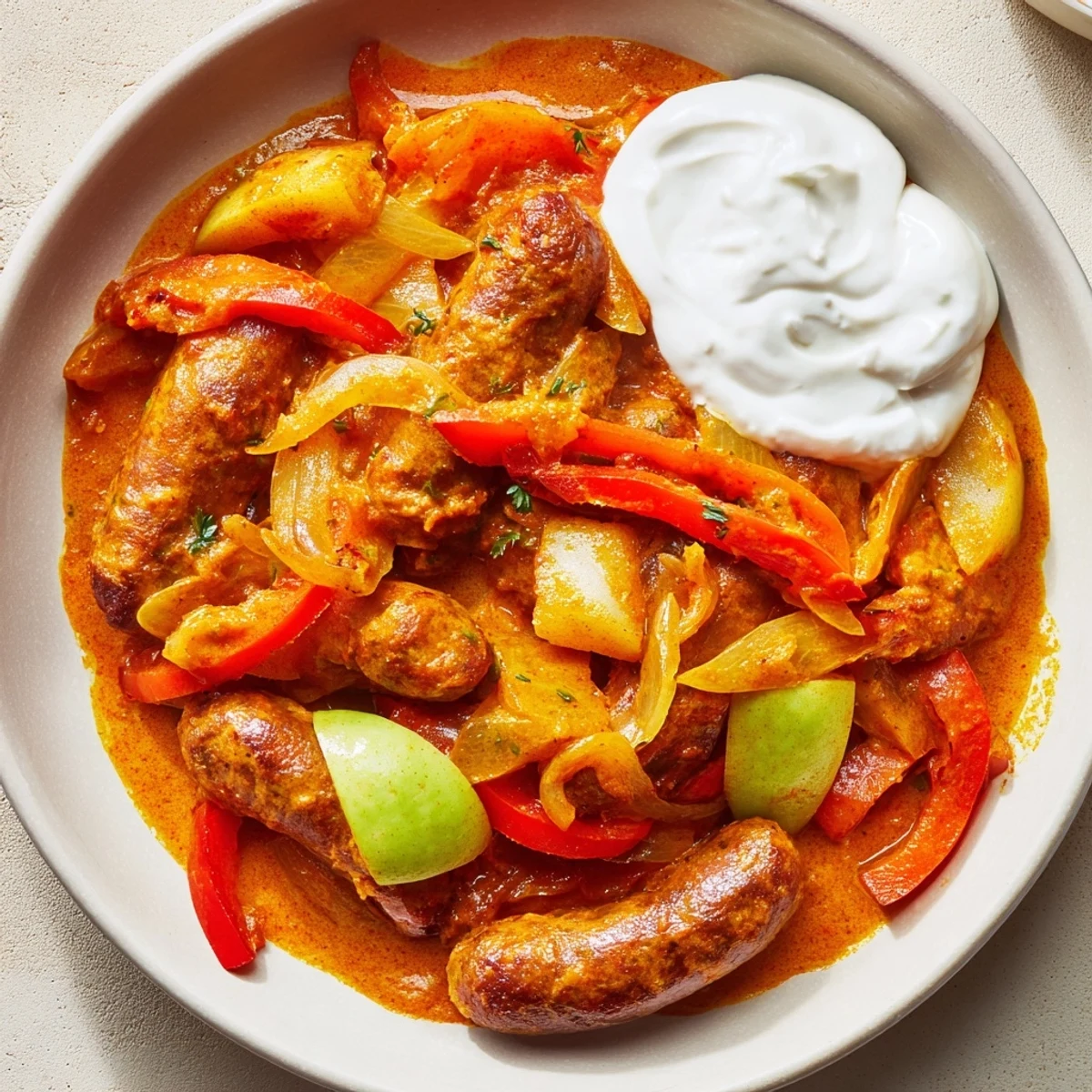 Fragrant Sweet and Savoury Sausage Curry simmers with juicy pork sausages and diced apple in a creamy tomato sauce.