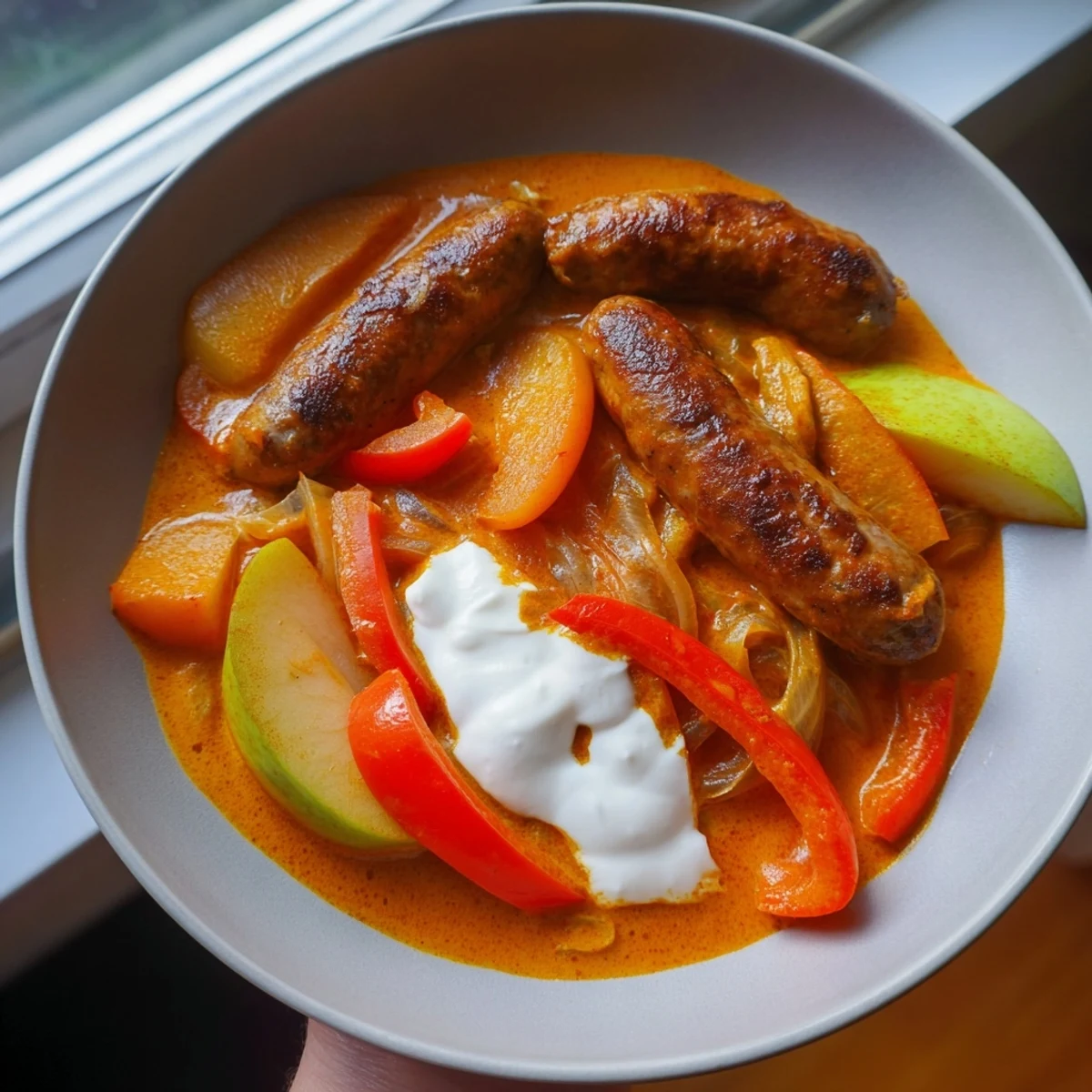 Warmly spiced Sweet and Savoury Sausage Curry serves four with colorful bell peppers over fluffy white rice.