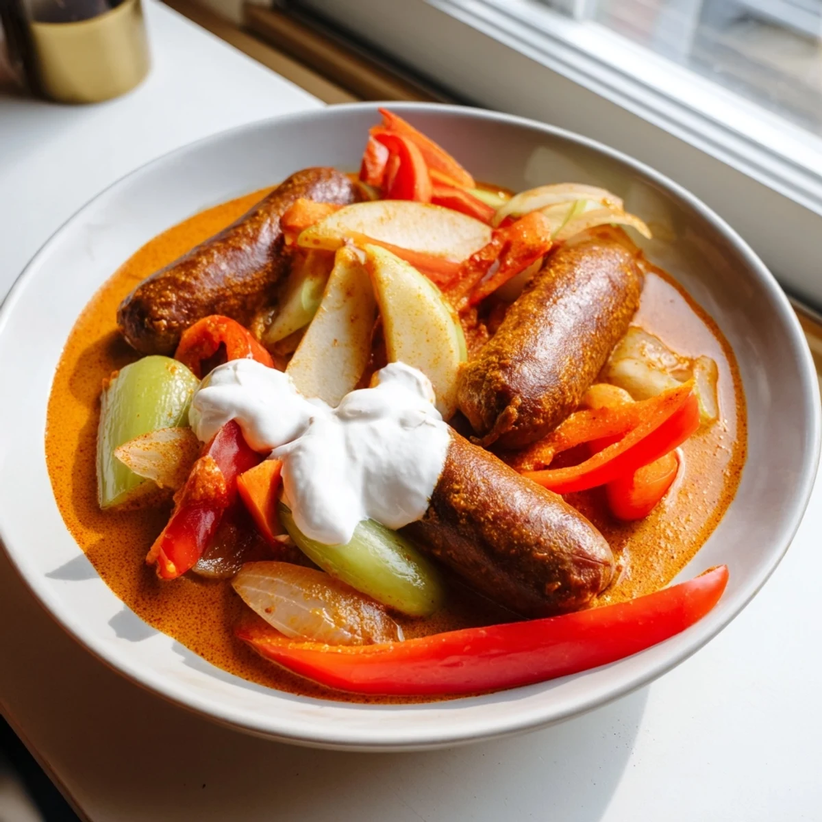 Steaming Sweet and Savoury Sausage Curry features tender sausages in a sweet-savory blend, perfect with naan or rice.