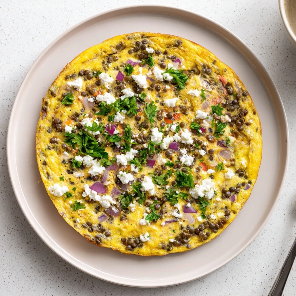 Golden-brown Healthy Lentil and Feta Frittata fresh from the oven, topped with crumbled feta and fresh parsley on a rustic board.