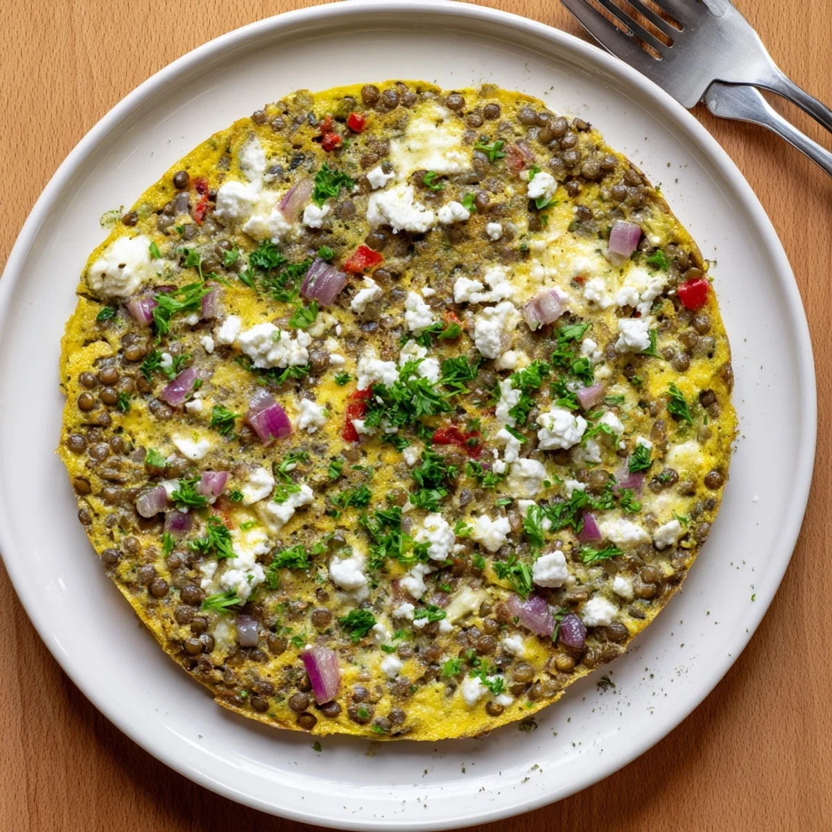 Slice of Healthy Lentil and Feta Frittata served warm on a white plate with a vibrant green salad on the side.
