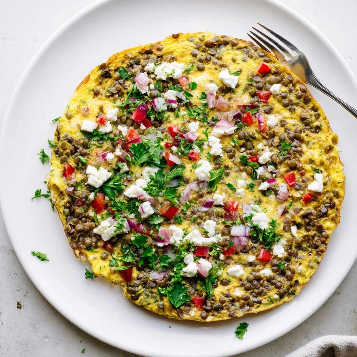 Close-up of Healthy Lentil and Feta Frittata showing tender lentils, spinach, and creamy feta cheese nestled in fluffy eggs.