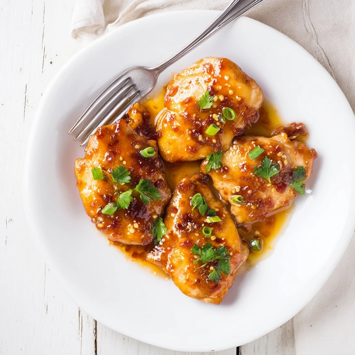 Golden-brown Classic Apricot Chicken breasts coated in glossy apricot sauce, garnished with fresh parsley and green onions.