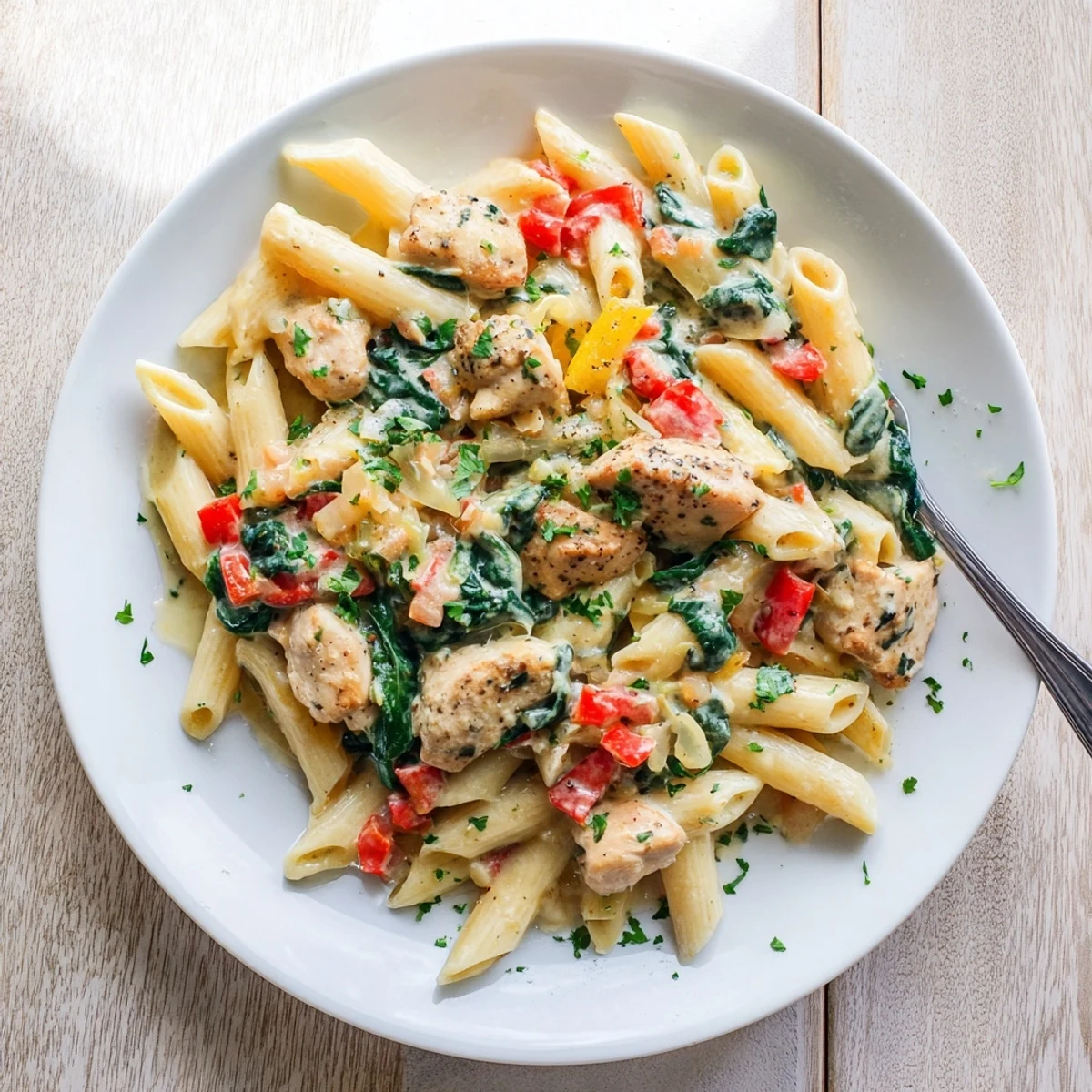 Hearty One Pan Creamy Chicken Pasta served hot, perfect for a weeknight dinner with a simple side salad on the side.
