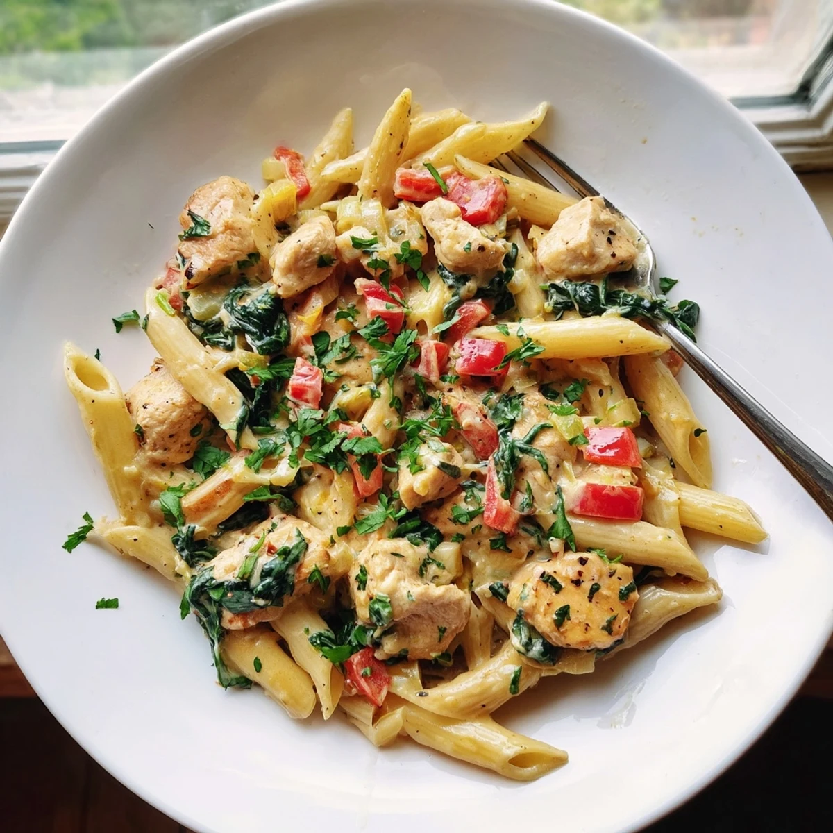 A close-up shows One Pan Creamy Chicken Pasta with penne, diced red bell pepper, and a sprinkle of fresh parsley for garnish.