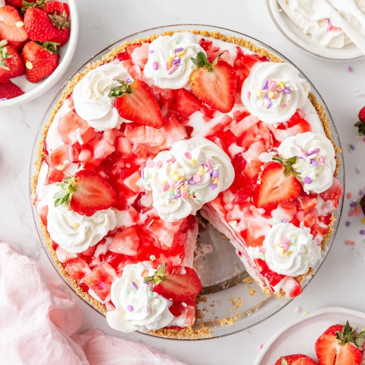 Easter No Bake Jello Pie featuring creamy strawberry filling topped with fresh sliced berries and pastel sprinkles