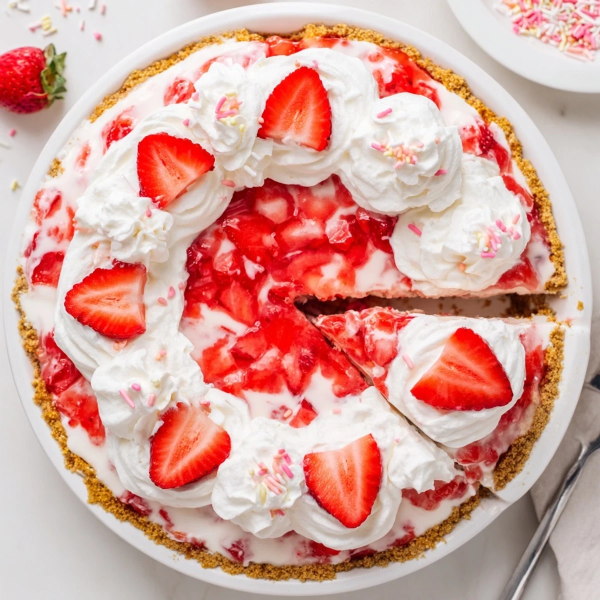 Vibrant strawberry Jello layered pie with whipped cream and graham cracker crust for spring celebrations