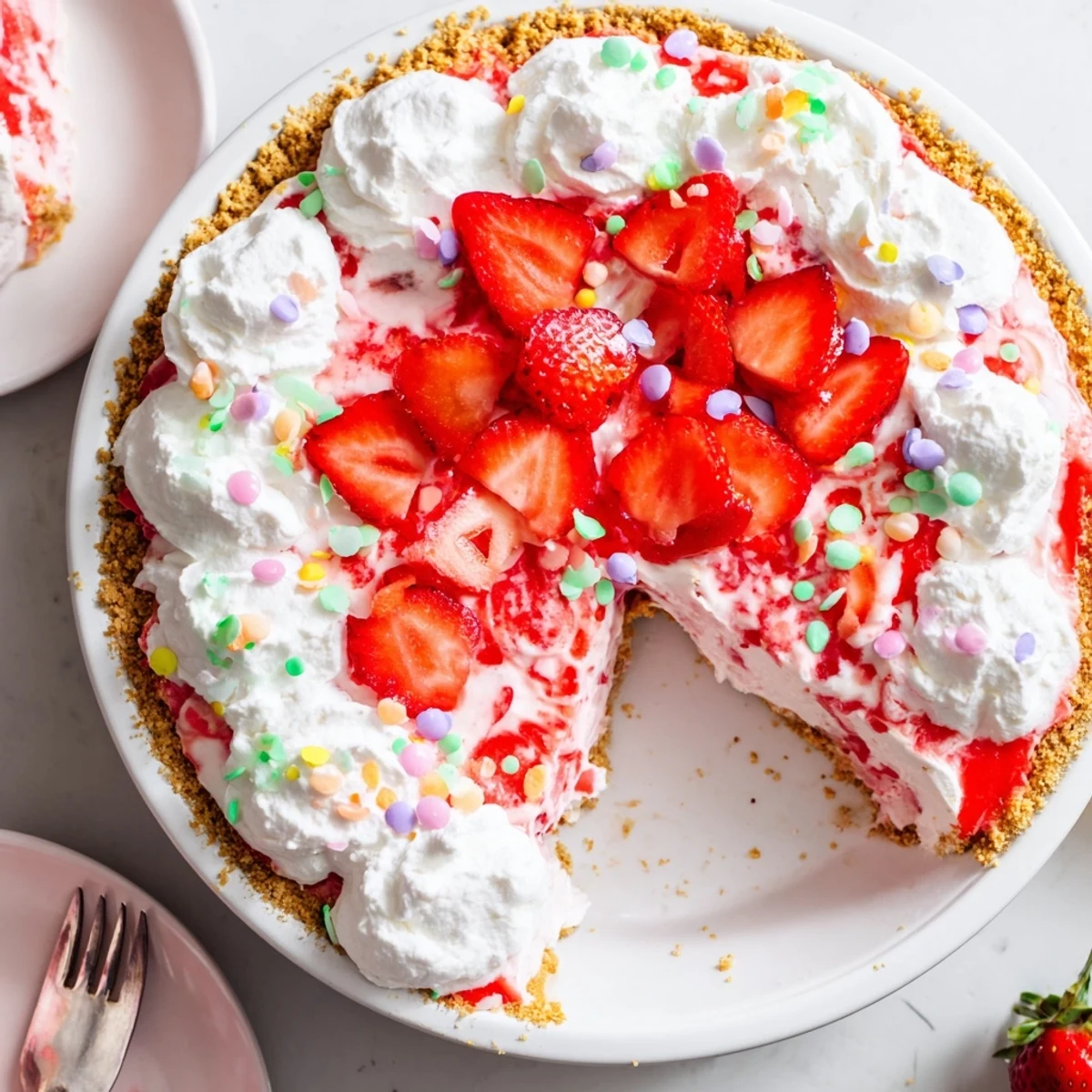 Creamy no bake strawberry dessert pie with diced fresh fruit in a crisp graham shell
