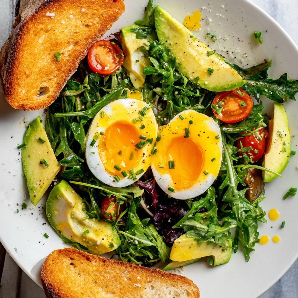 Golden soft-boiled eggs nestled on crisp toast alongside fresh avocado and dressed mixed greens