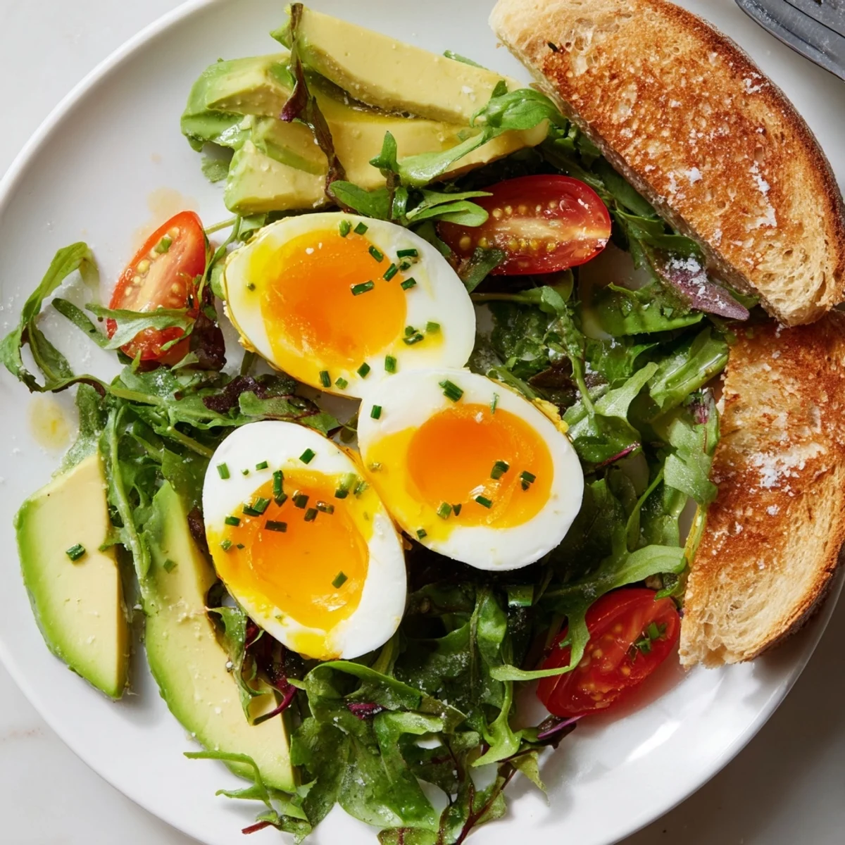 Protein-packed morning meal with soft eggs, buttery avocado slices, and vibrant salad greens