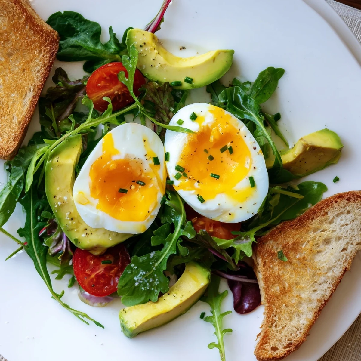 Wholesome savory breakfast plate featuring jammy eggs, artisan toast, arugula, and cherry tomato medley