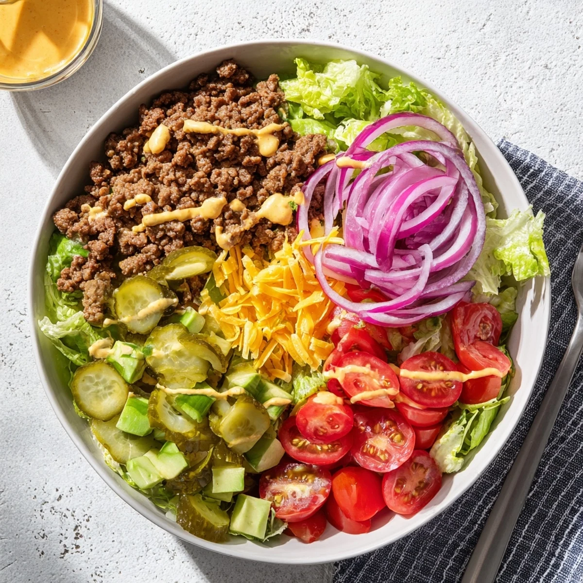 Gluten-free burger bowls featuring juicy spiced beef, fresh tomatoes, creamy avocado, and sharp cheddar cheese in a serving bowl