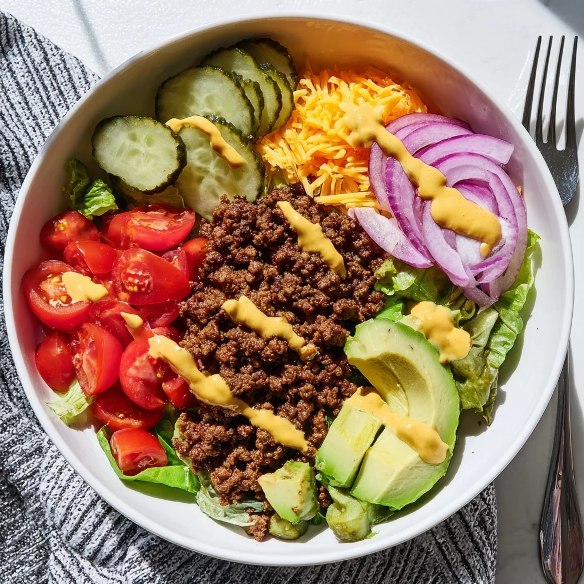 Low-carb burger bowl meal prep arrangement with seasoned beef, crunchy vegetables, pickles, and tangy homemade burger sauce drizzled on top