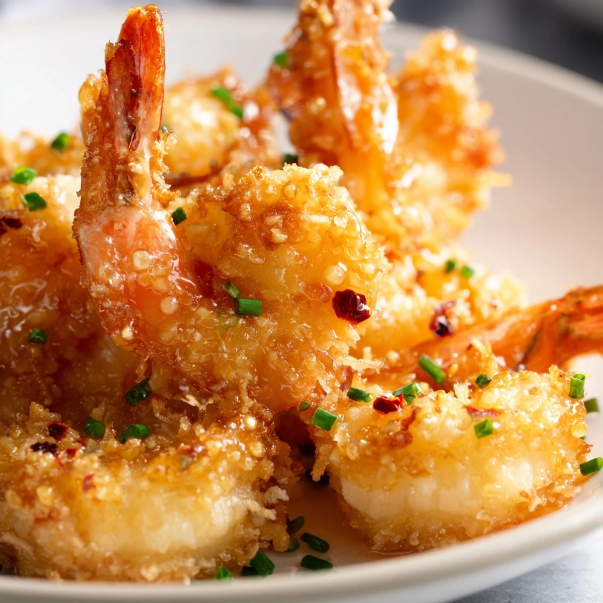 Golden crispy hot honey fried shrimp coated in spicy sweet glaze with chives