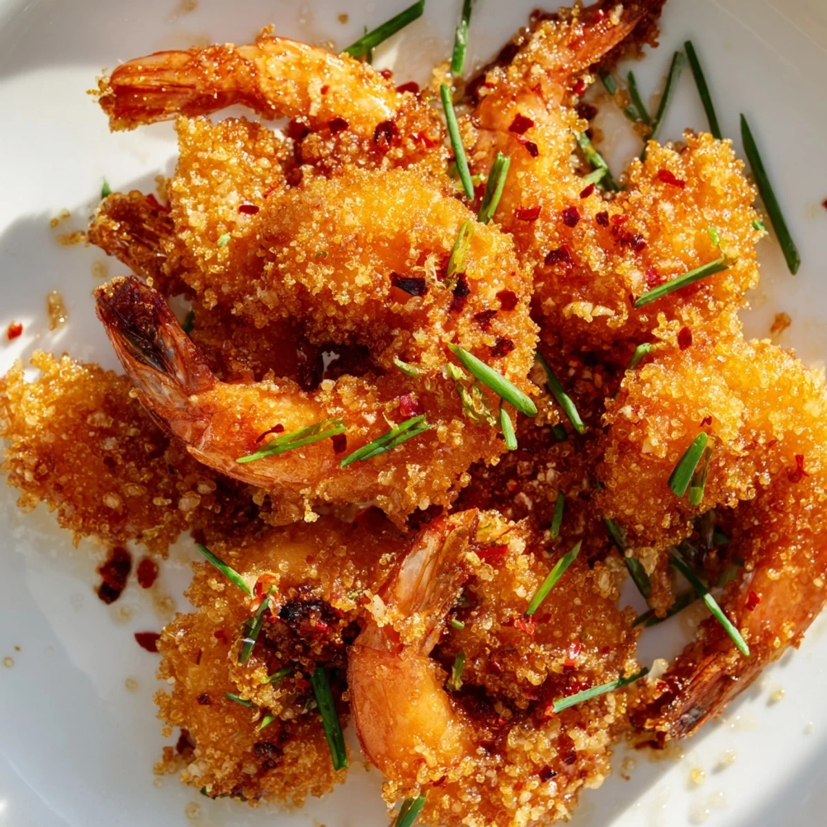 Plate of hot honey fried shrimp drizzled with sticky honey and served with lemon