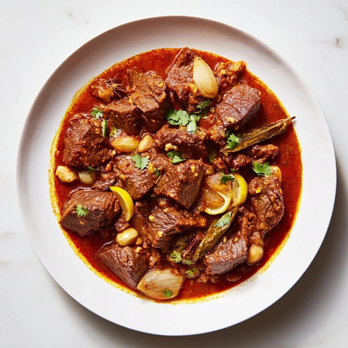 Tender beef cubes simmered in rich spiced tomato sauce garnished with fresh green cilantro leaves
