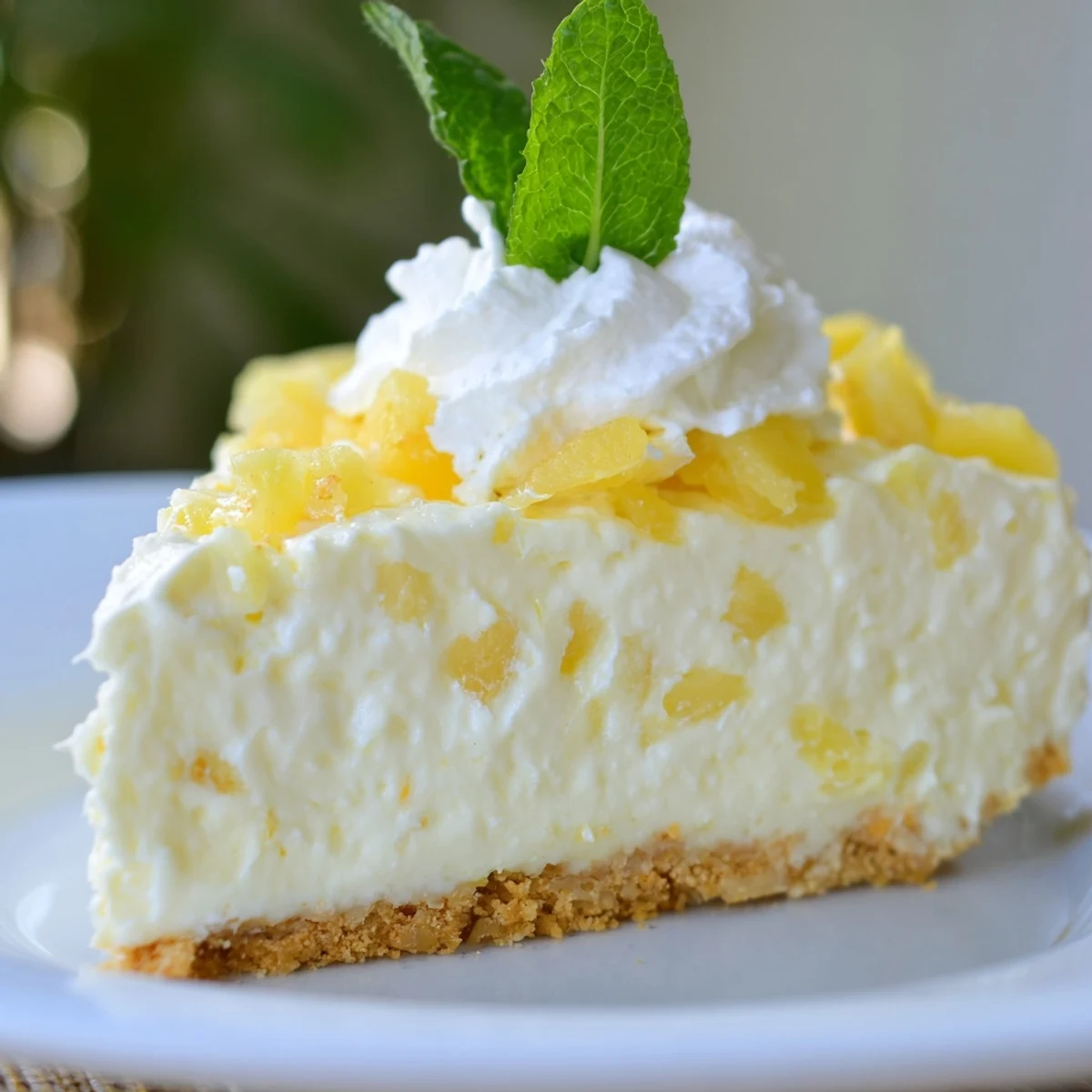Creamy no bake pineapple cheesecake topped with golden pineapple chunks and fresh mint garnish