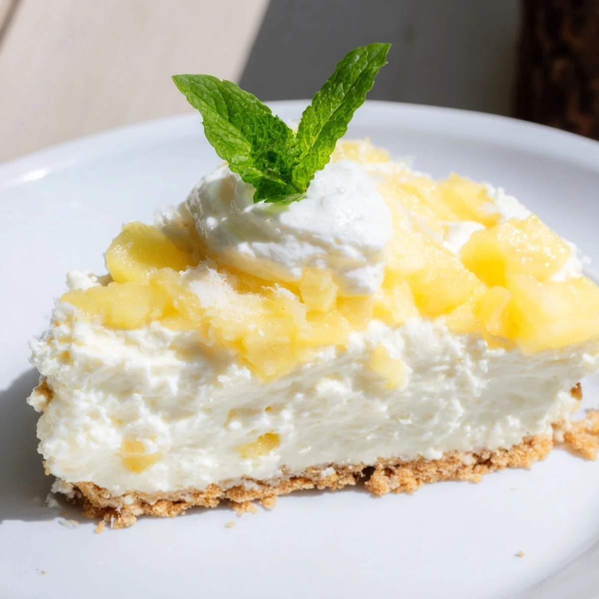 Slice of no bake pineapple cheesecake revealing buttery graham cracker crust and smooth fruity filling