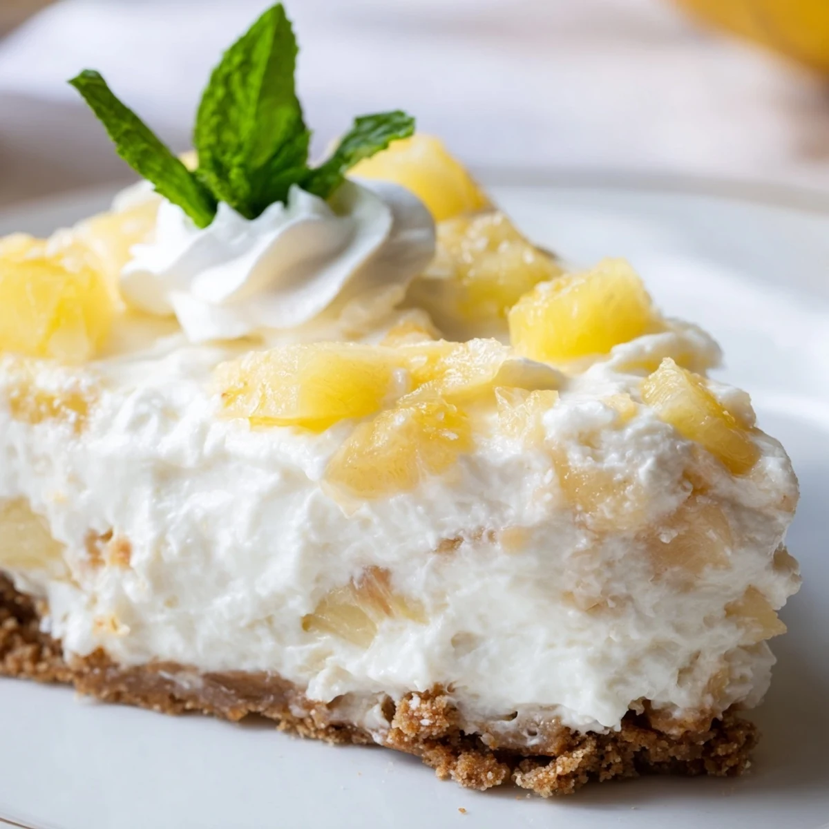 White plate featuring chilled no bake pineapple cheesecake with whipped cream and tropical fruit topping