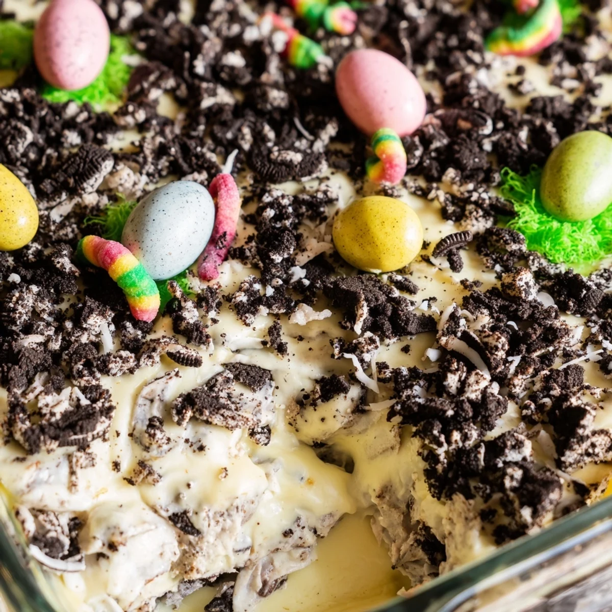 Easter dirt cake casserole with gummy worms emerging from crushed Oreo dirt and pastel candy eggs